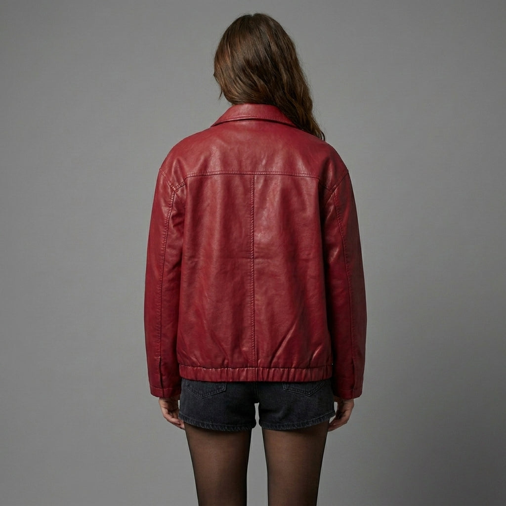 Women’s Oversized Red Leather Bomber Jacket