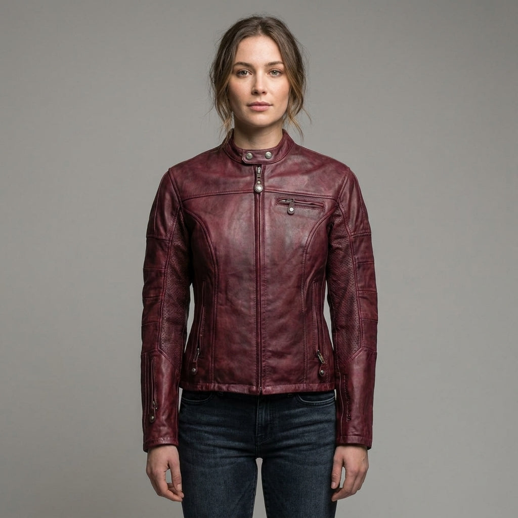 Women’s Oxblood Leather Moto Motorcycle Jacket