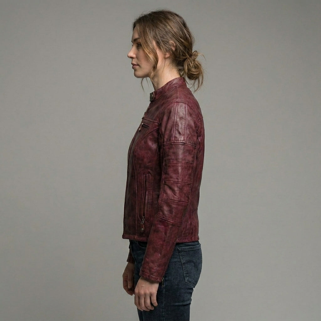 Women’s Oxblood Leather Moto Motorcycle Jacket