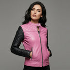 Women’s Pink Body & Black Sleeves Leather Moto Biker Jacket
