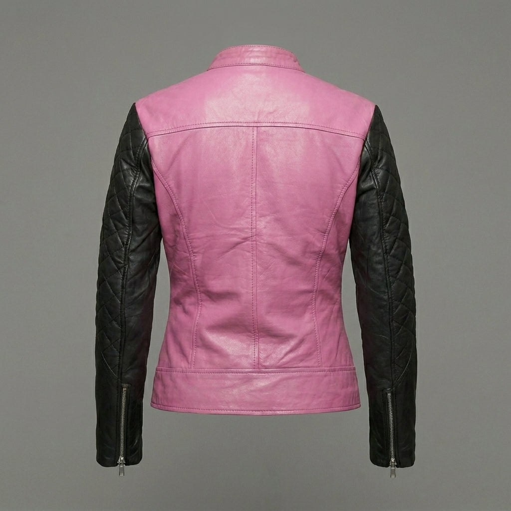 Women’s Pink Body & Black Sleeves Leather Moto Biker Jacket