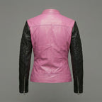 Women’s Pink Body & Black Sleeves Leather Moto Biker Jacket