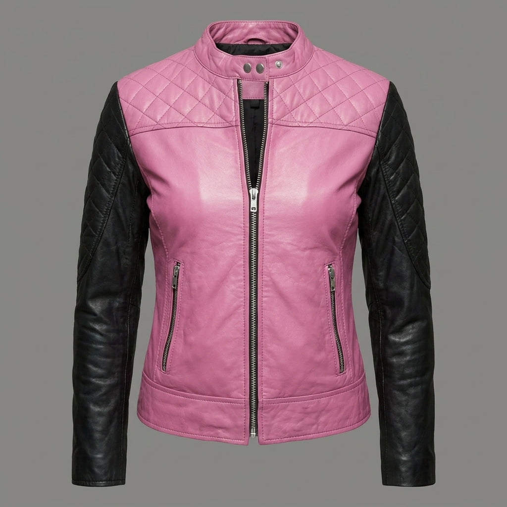 Women’s Pink Body & Black Sleeves Leather Moto Biker Jacket