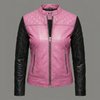 Women’s Pink Body & Black Sleeves Leather Moto Biker Jacket