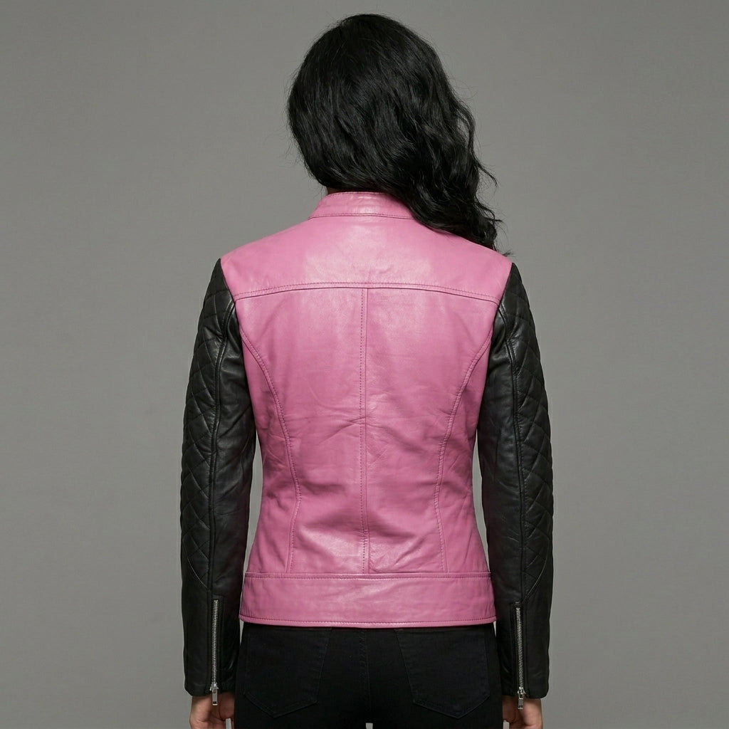Women’s Pink Body & Black Sleeves Leather Moto Biker Jacket