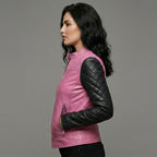 Women’s Pink Body & Black Sleeves Leather Moto Biker Jacket
