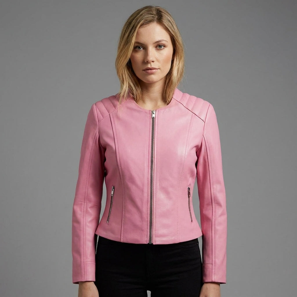 Women’s Pink Collarless Biker Moto Jacket