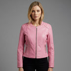 Women’s Pink Collarless Biker Moto Jacket