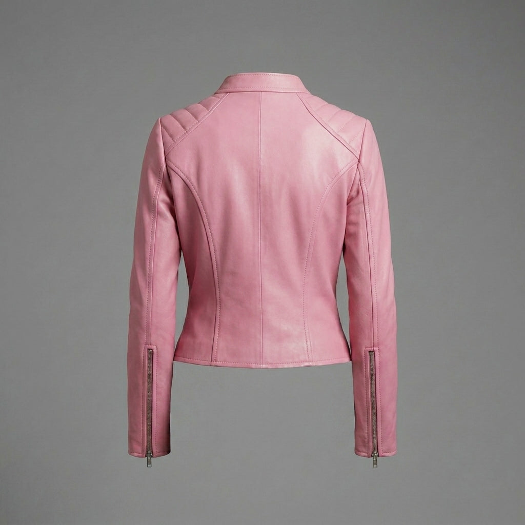 Women’s Pink Collarless Biker Moto Jacket