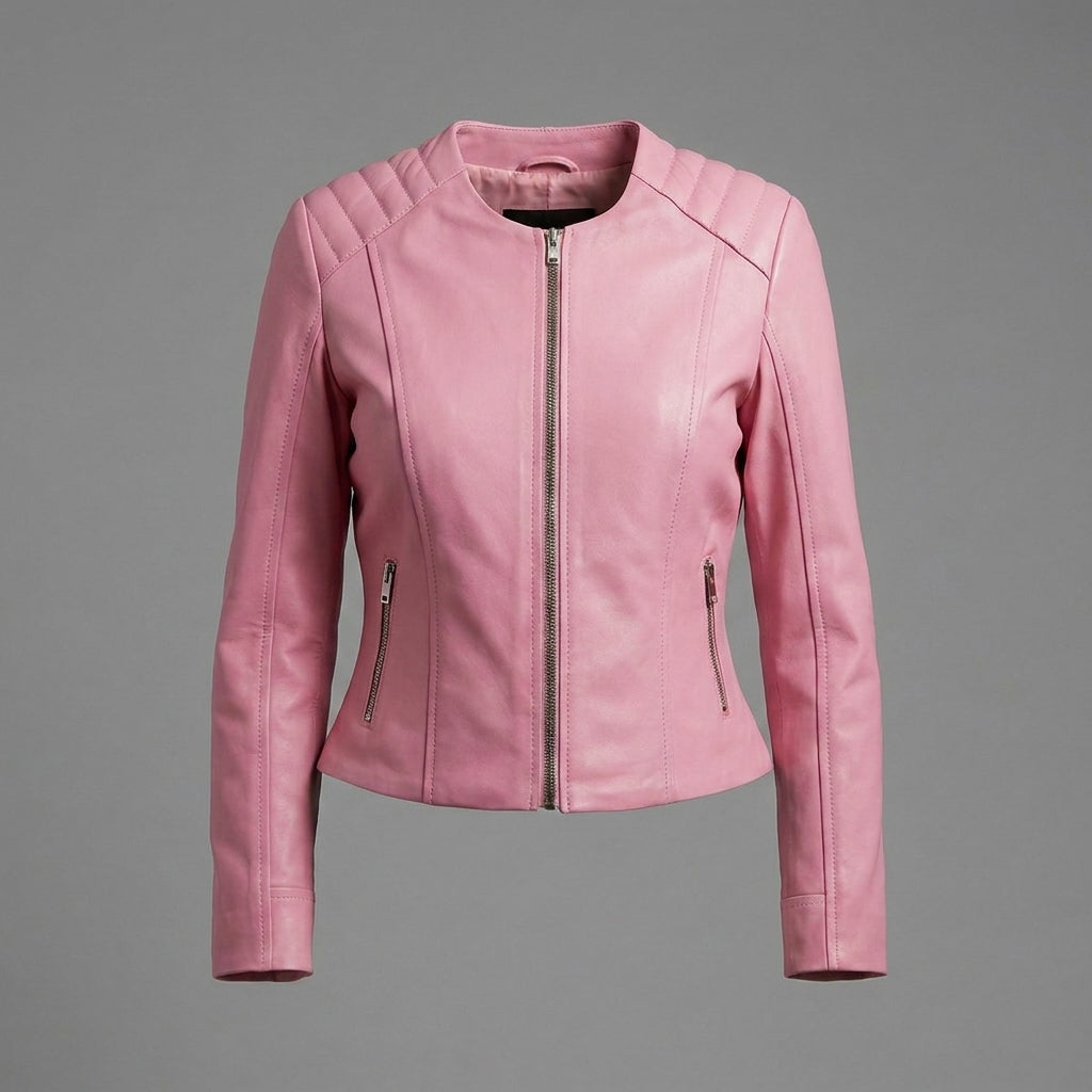 Women’s Pink Collarless Biker Moto Jacket