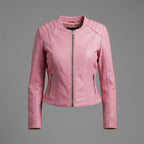 Women’s Pink Collarless Biker Moto Jacket