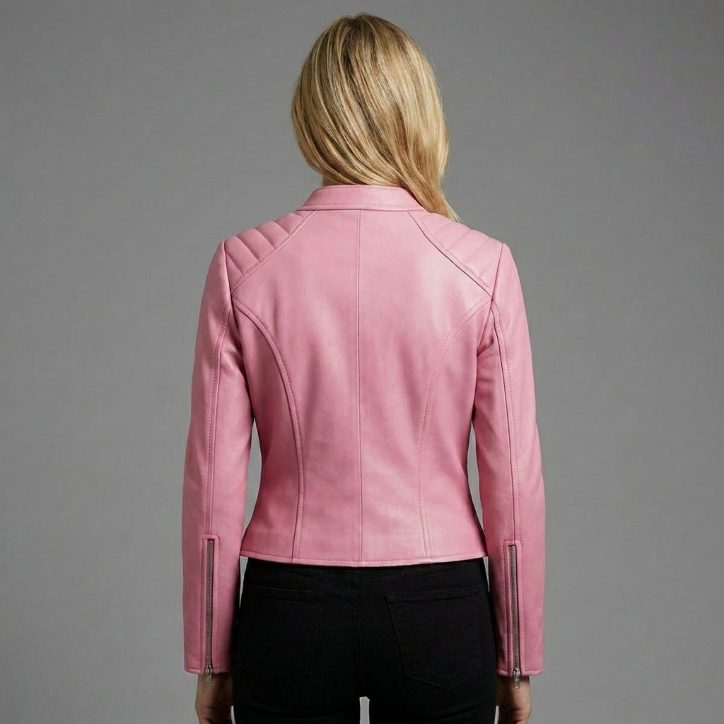 Women’s Pink Collarless Biker Moto Jacket