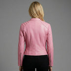 Women’s Pink Collarless Biker Moto Jacket