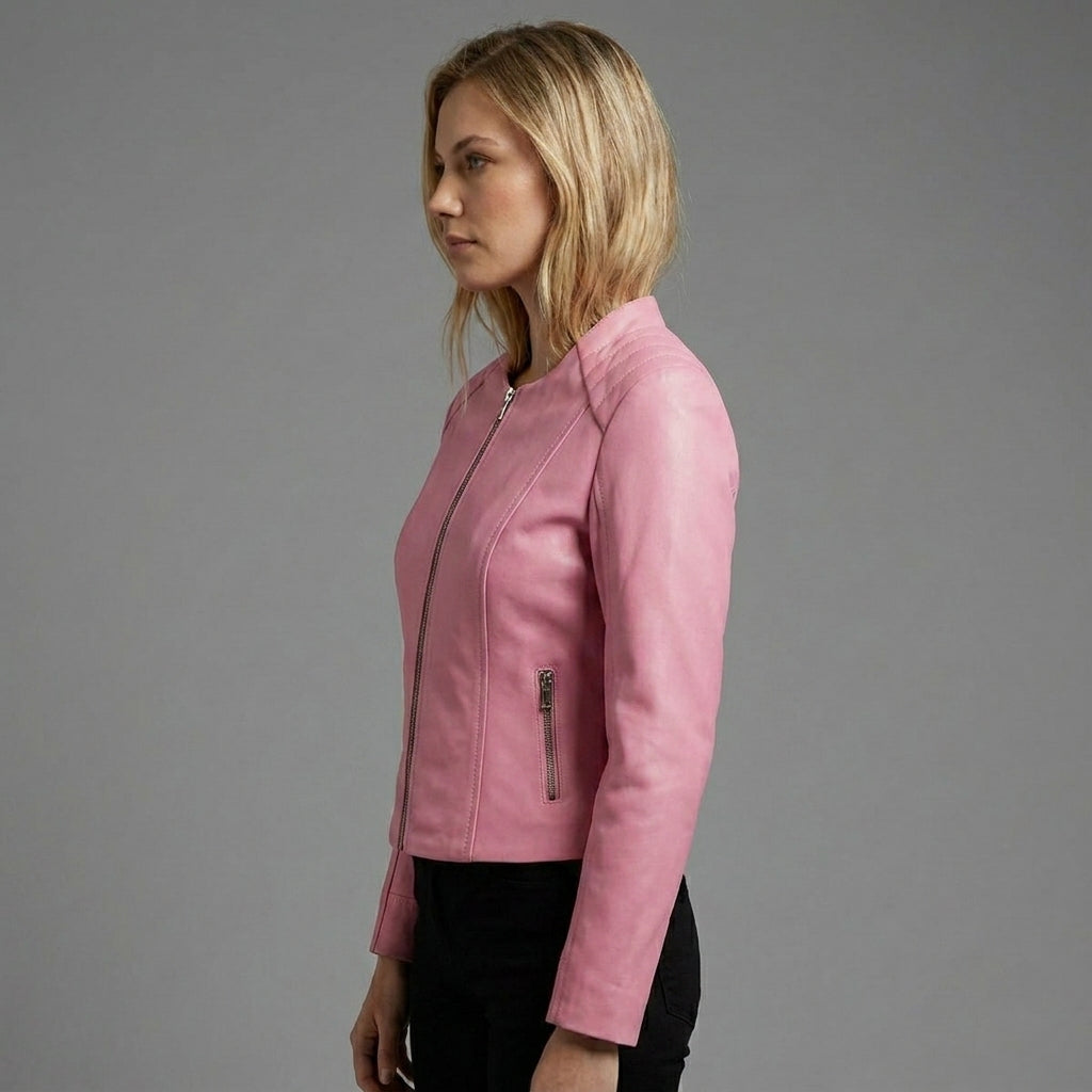Women’s Pink Collarless Biker Moto Jacket
