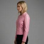 Women’s Pink Collarless Biker Moto Jacket