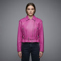 Women’s Pink Cropped Moto Leather Jacket