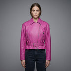 Women’s Pink Cropped Moto Leather Jacket