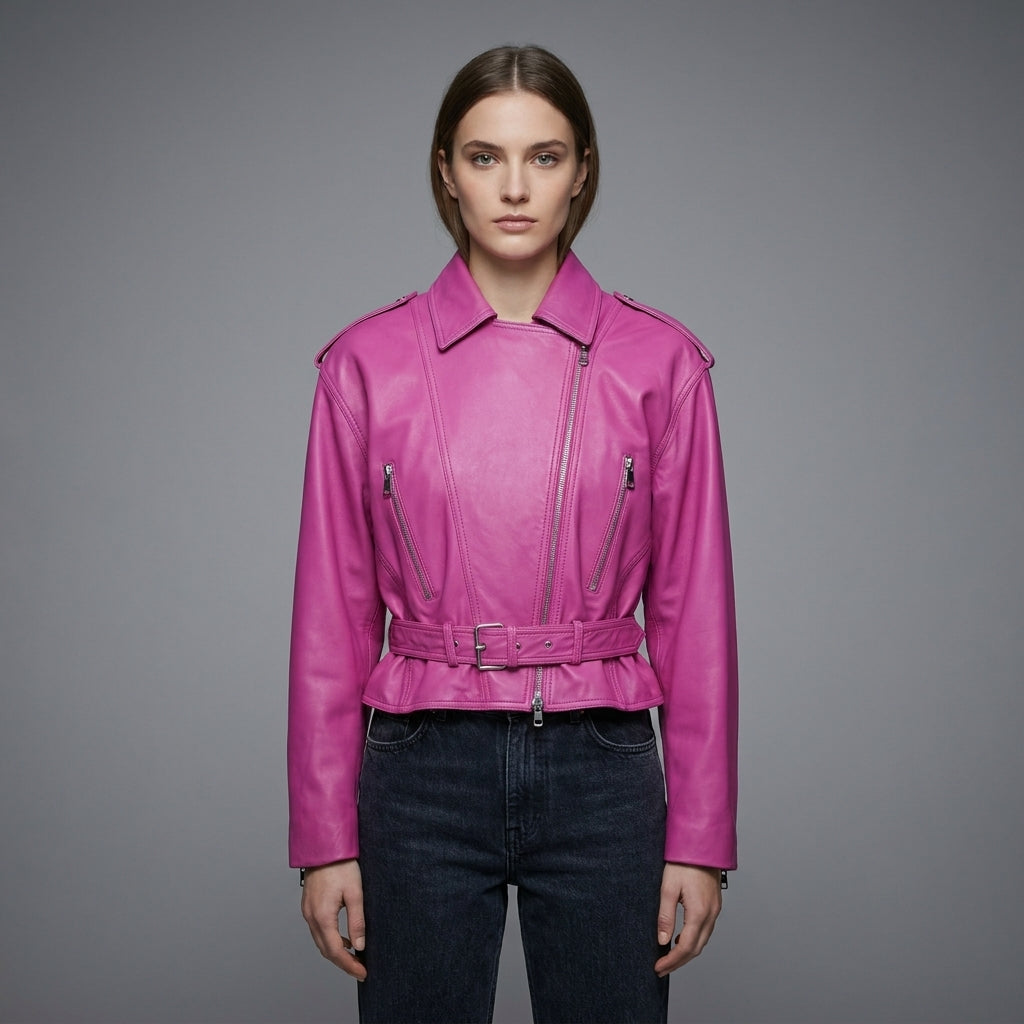 Women’s Pink Cropped Moto Leather Jacket