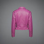 Women’s Pink Cropped Moto Leather Jacket