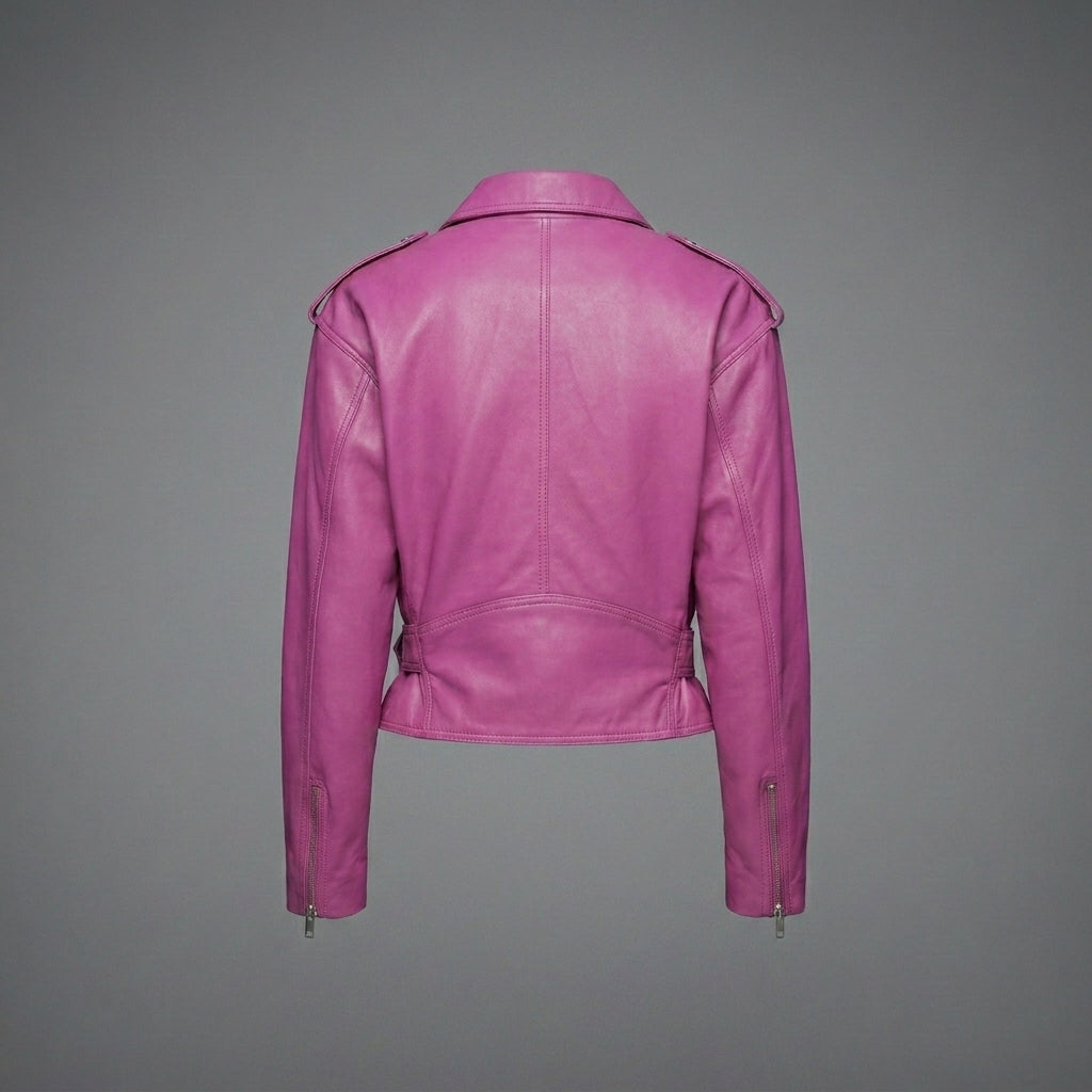Women’s Pink Cropped Moto Leather Jacket