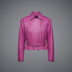 Women’s Pink Cropped Moto Leather Jacket