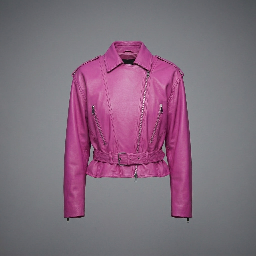 Women’s Pink Cropped Moto Leather Jacket