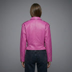 Women’s Pink Cropped Moto Leather Jacket