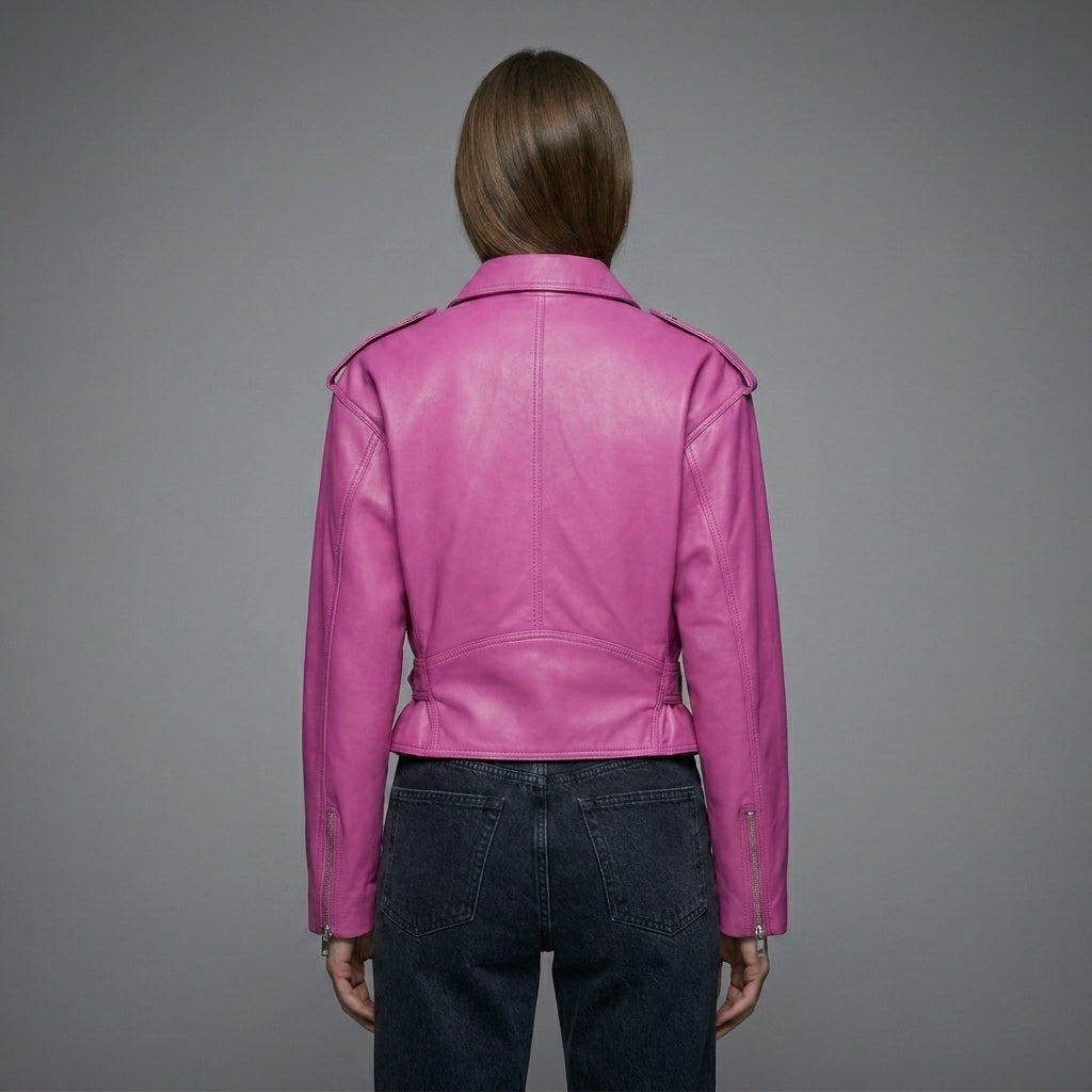 Women’s Pink Cropped Moto Leather Jacket