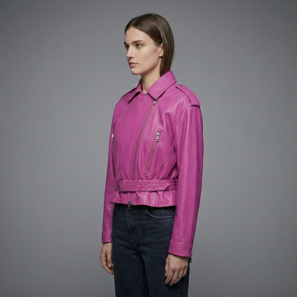 Women’s Pink Cropped Moto Leather Jacket