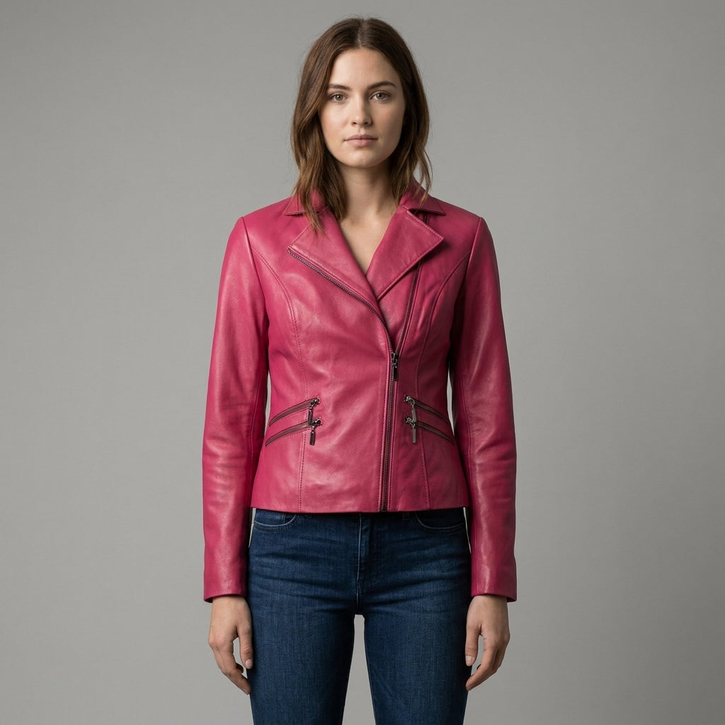 Women’s Pink Lambskin Leather Biker Jacket