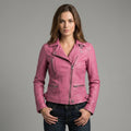 Women's Pink Slim-Fit Leather Biker Moto Jacket