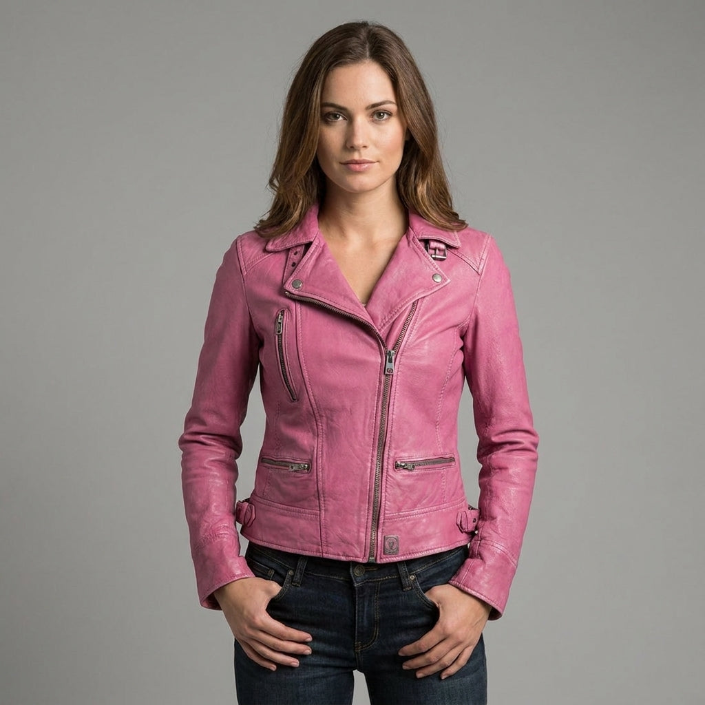 Women's Pink Slim-Fit Leather Biker Moto Jacket