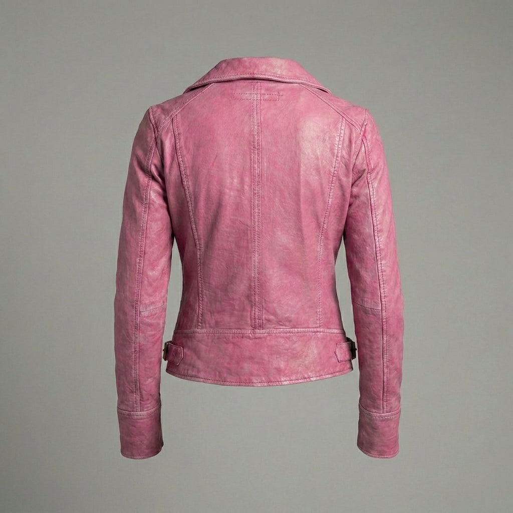 Women's Pink Slim-Fit Leather Biker Moto Jacket