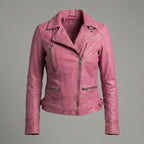 Women's Pink Slim-Fit Leather Biker Moto Jacket