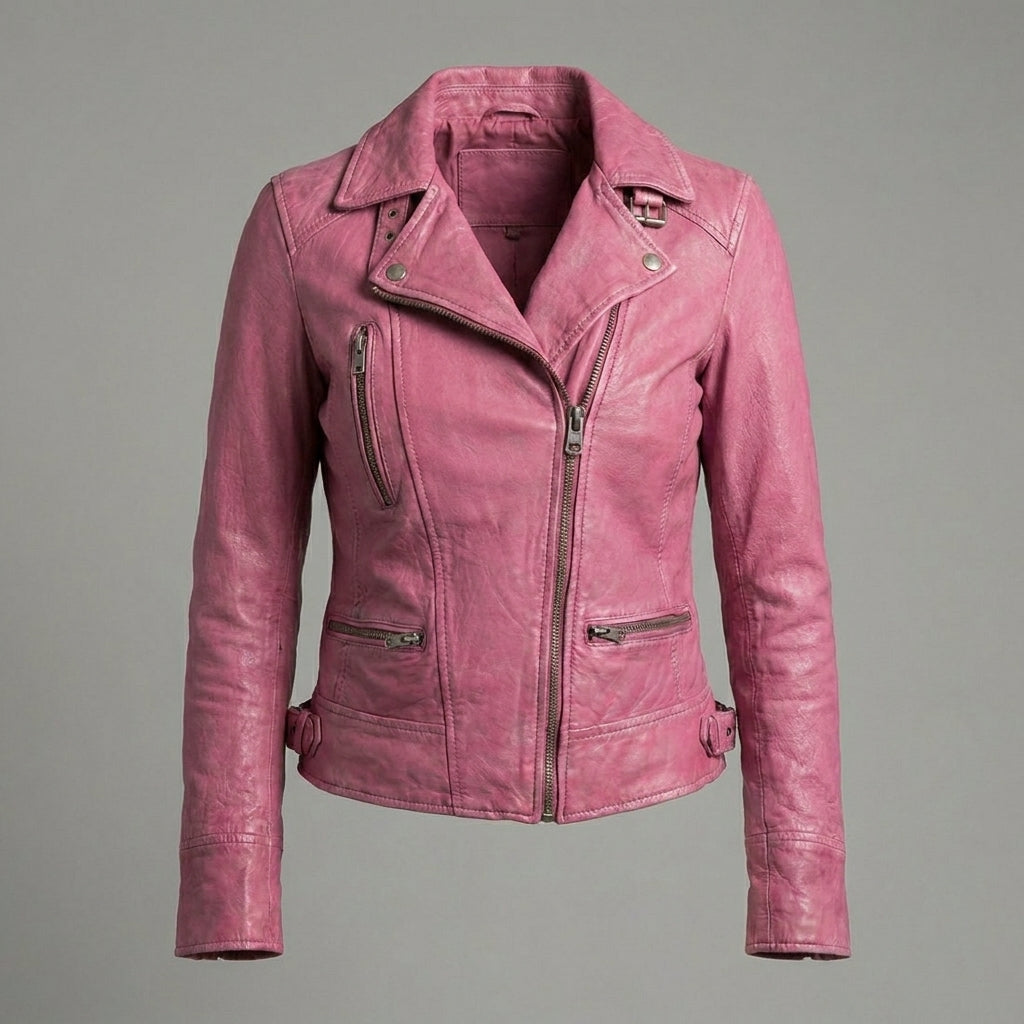 Women's Pink Slim-Fit Leather Biker Moto Jacket