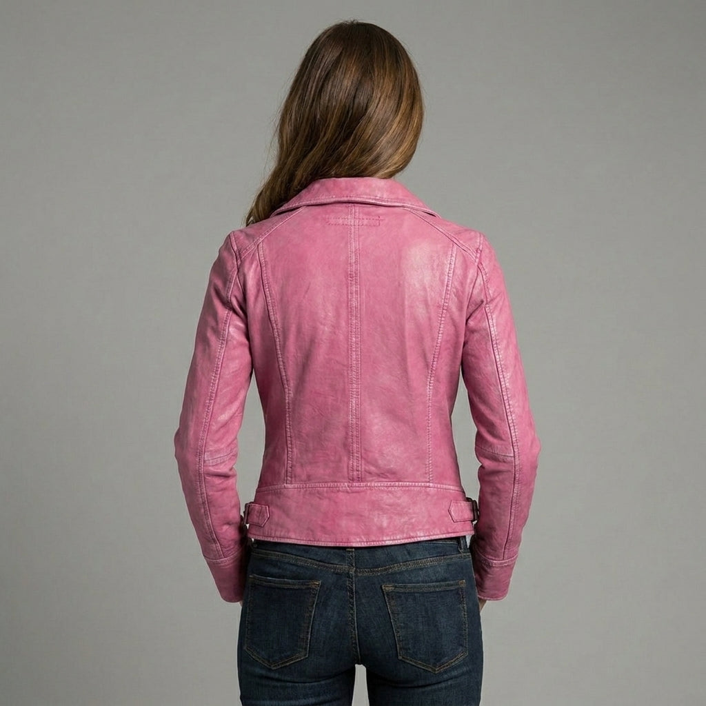 Women's Pink Slim-Fit Leather Biker Moto Jacket