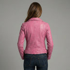 Women's Pink Slim-Fit Leather Biker Moto Jacket