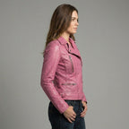 Women's Pink Slim-Fit Leather Biker Moto Jacket