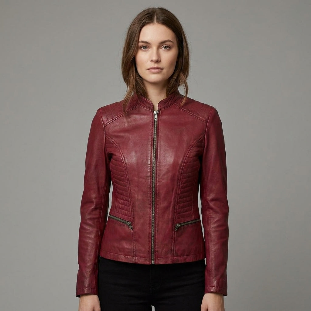 Women’s Premium Lambskin Leather Jacket with Quilted Side Panels & Stand-Up Collar