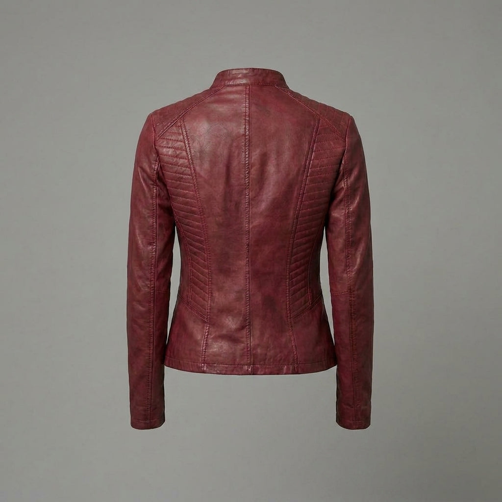 Women’s Premium Lambskin Leather Jacket with Quilted Side Panels & Stand-Up Collar