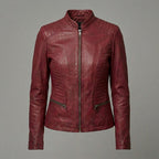Women’s Premium Lambskin Leather Jacket with Quilted Side Panels & Stand-Up Collar