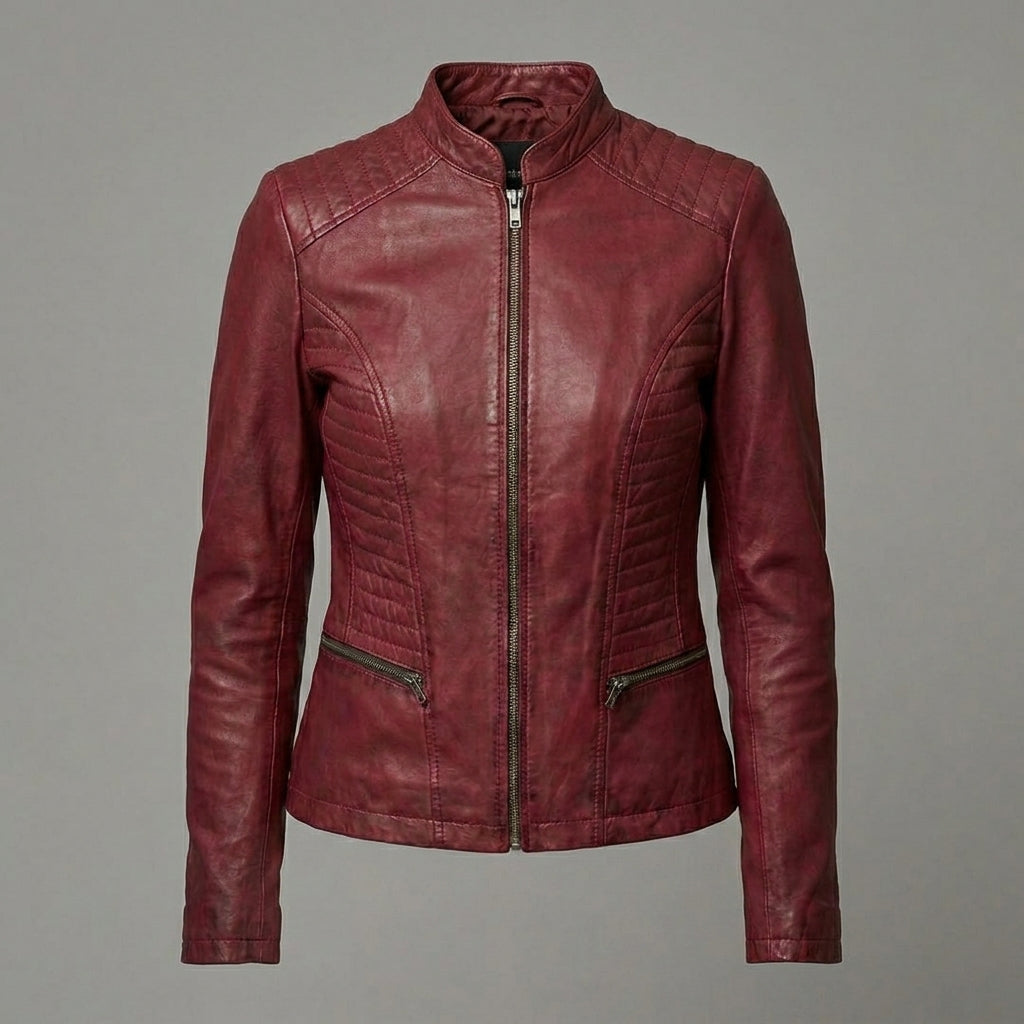 Women’s Premium Lambskin Leather Jacket with Quilted Side Panels & Stand-Up Collar