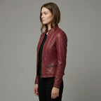 Women’s Premium Lambskin Leather Jacket with Quilted Side Panels & Stand-Up Collar
