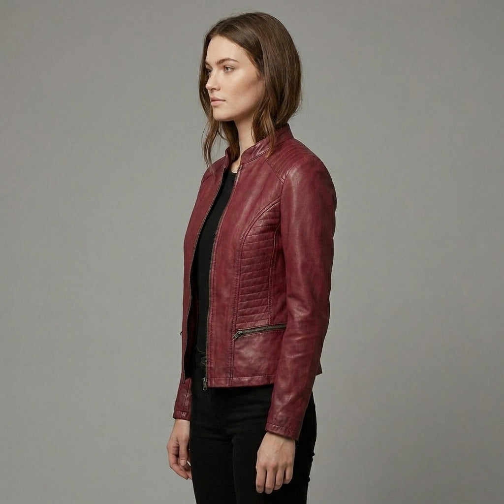 Women’s Premium Lambskin Leather Jacket with Quilted Side Panels & Stand-Up Collar