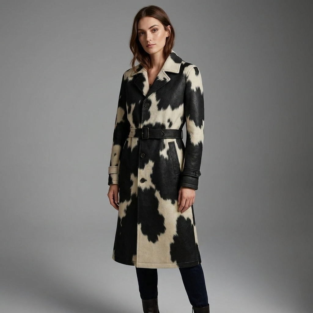 Women’s Premium Real Cowhide Leather Hair-On Trench Coat