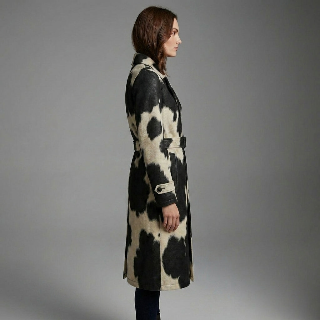 Women’s Premium Real Cowhide Leather Hair-On Trench Coat