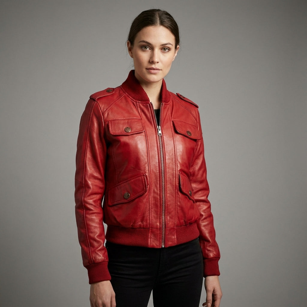 Women’s Premium Red Lambskin Leather Moto Jacket