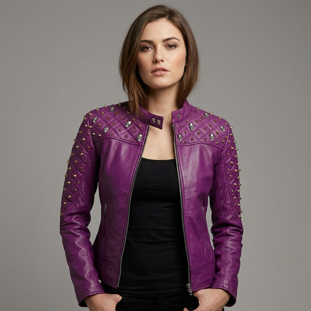 Women’s Purple Leather Biker Jacket