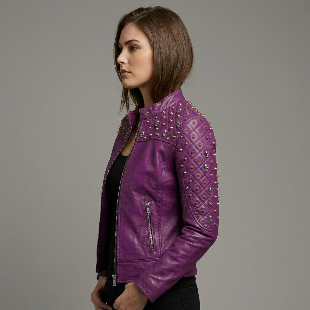Women’s Purple Leather Biker Jacket