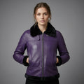 Women’s Purple Shearling Leather Jacket with Black Fur & Silver Hardware